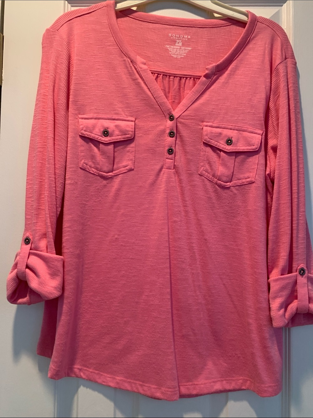 Sonoma Women's Long Sleeve Pink Henley Pocket Tee Petite Large